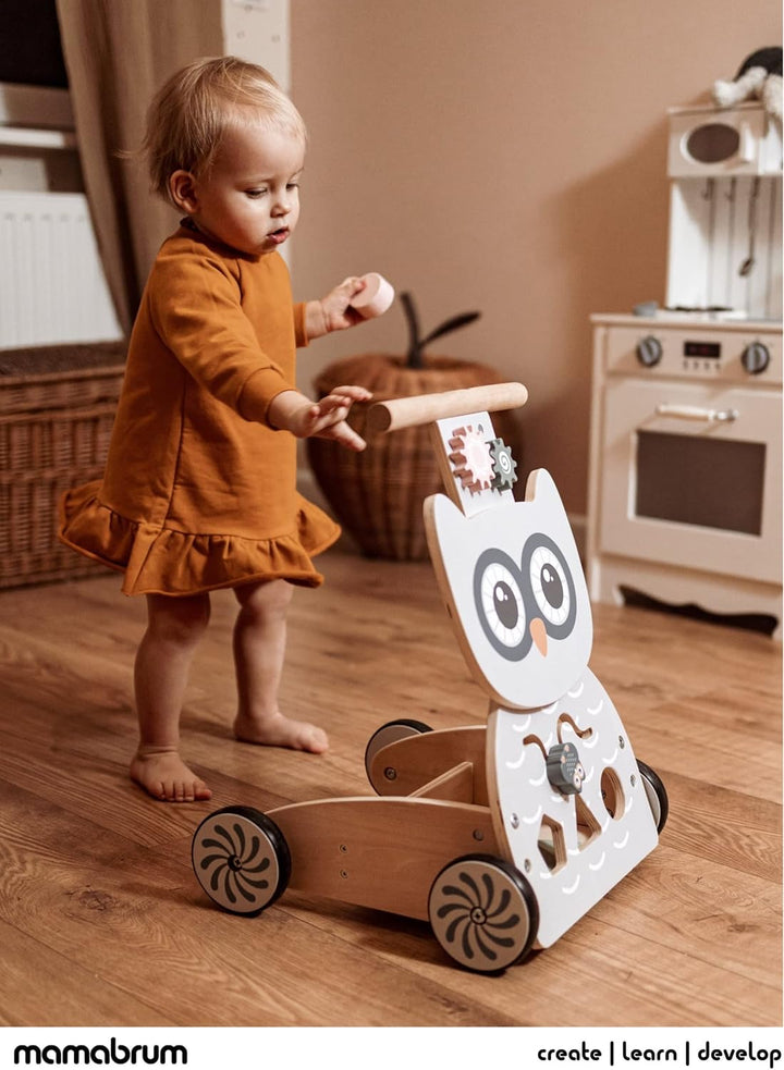 Mamabrum Holz-Spielzeugwagen mit Blöcken, multifunktionaler Lauflernwagen, Eulen förmiger Drücker, S