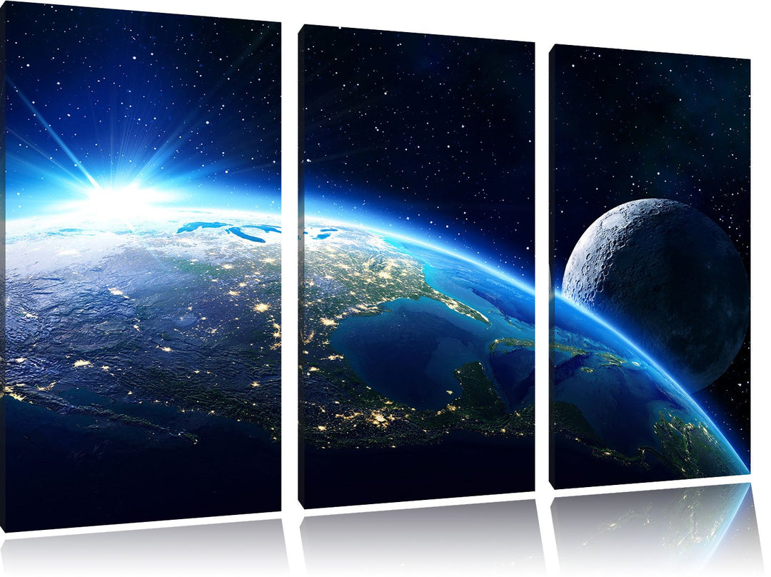 Pixxprint Erde und Ihr Mond aus dem All als Leinwandbild | Grösse: 3 Teilig (120x80) | Wandbild| Kun