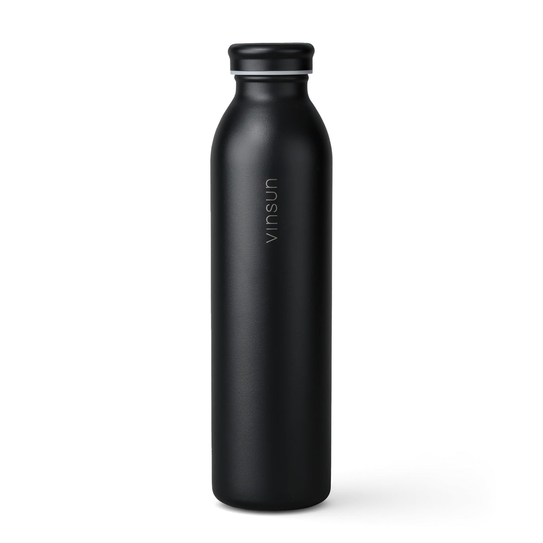 Vinsun Thermosflasche 600ml Schwarz - auslaufsicher, Kohlensäure geeignet | leichte Edelstahl Trinkf