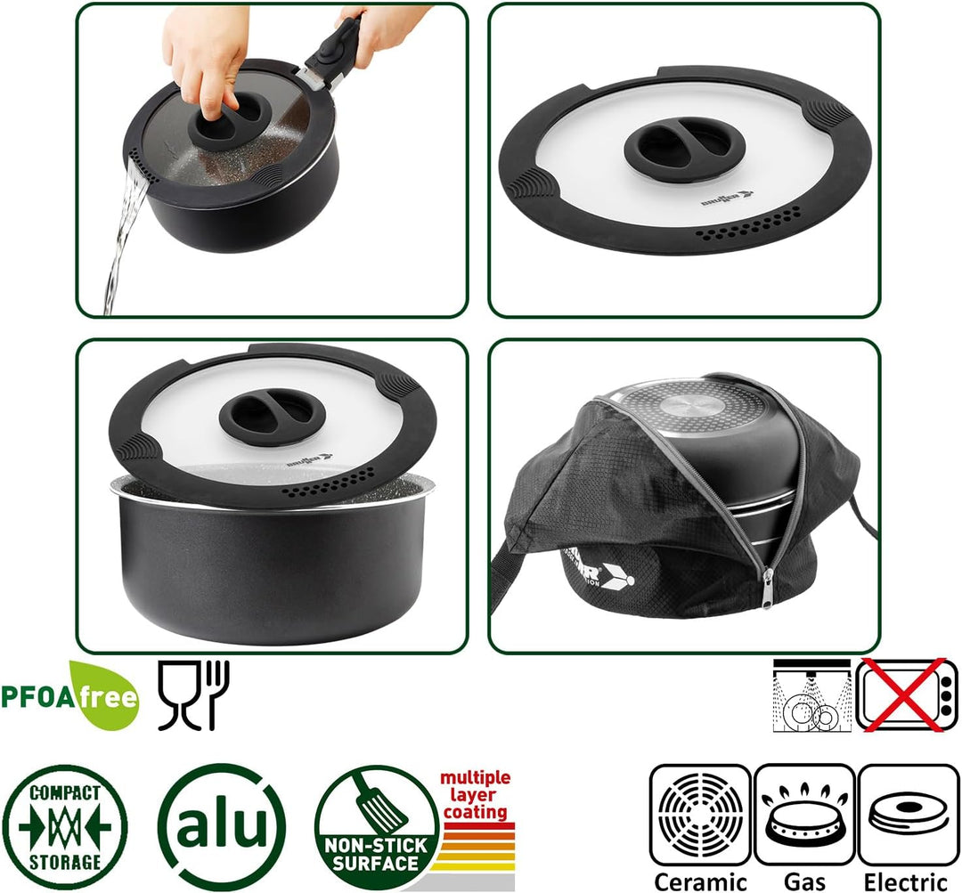 BRUNNER Camping Kochgeschirr-Set Alu (Töpfe und Pfannen) - ø 20, 22, 24, 26-cm Pirate Vakublock - 4