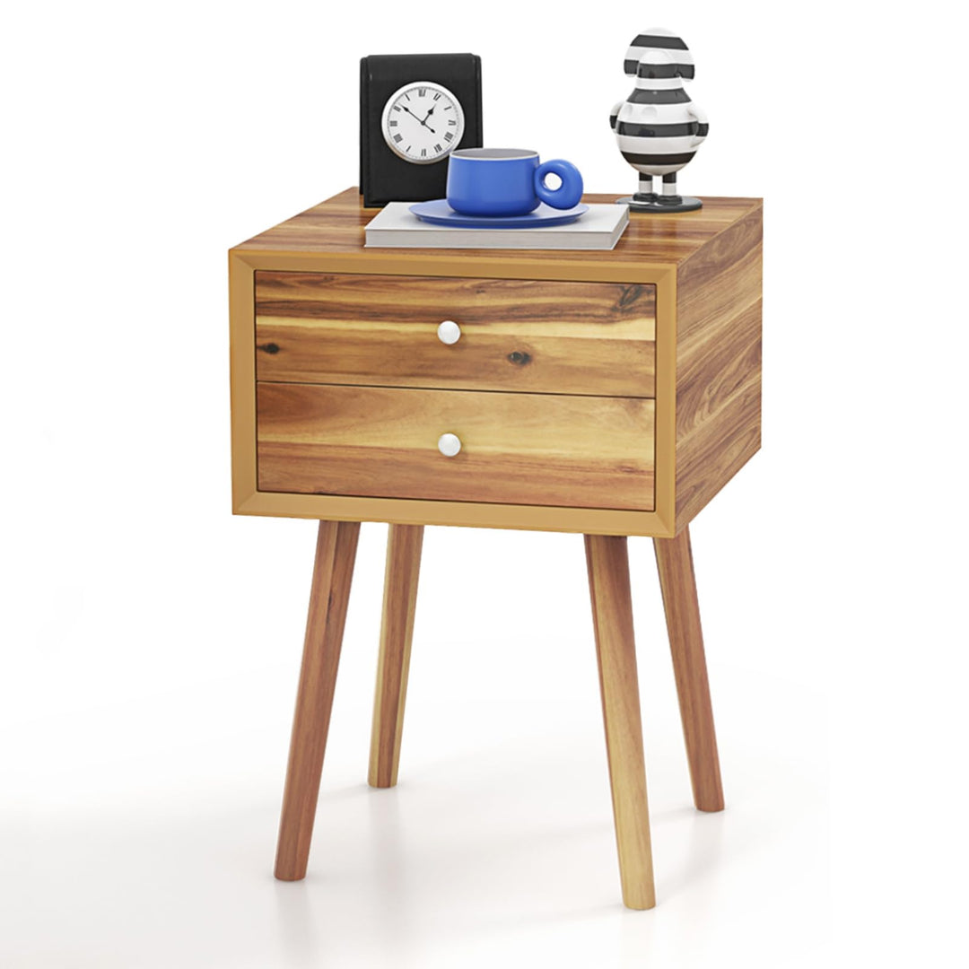 KOMFOTTEU Nachttisch mit Beinen aus Massivholz, Nachtschrank mit 2 Schubladen, skandinavisches Beist