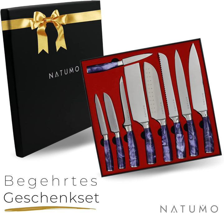 NATUMO Küchenmesser Set 9-teilig. HRC 56+ scharfes Messerset Profi in Damast-Optik aus Allzweckmesse