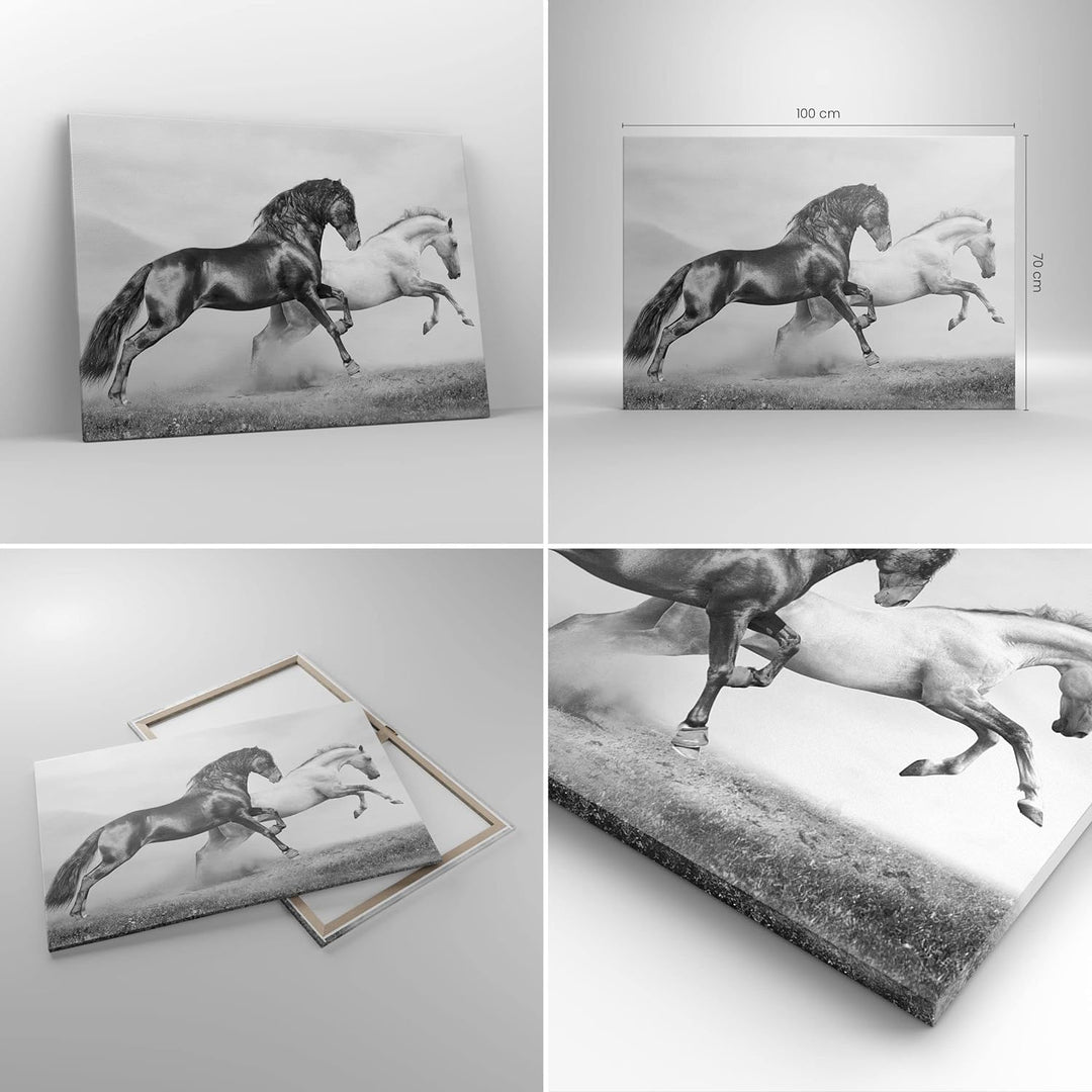 Bilder auf Leinwand 100x70cm Leinwandbild Pferde Tiere Galopp Wiese Gross Wanddeko Bild Schlafzimmer