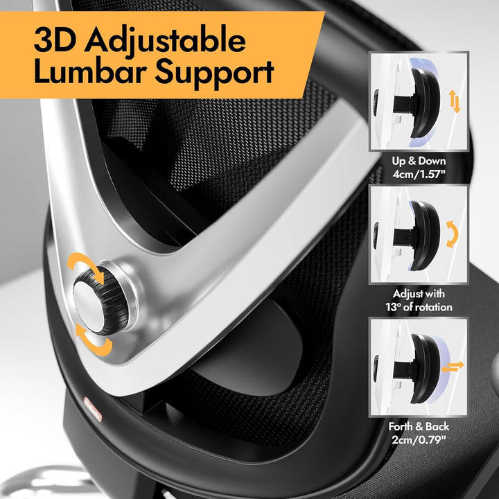 Ergonomischer Bürostuhl mit 3D Lendenstütze & 3D verstellbaren Armlehnen – V-förmiges Rücken-Design,