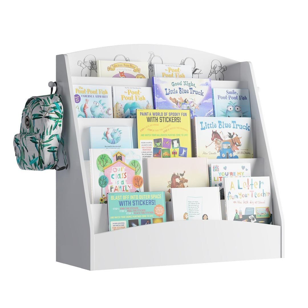 NACHES Kinder Bücherregal mit 5 offenen Fächern und Haken, Kinderregal Holz, Montessori Aufbewahrung