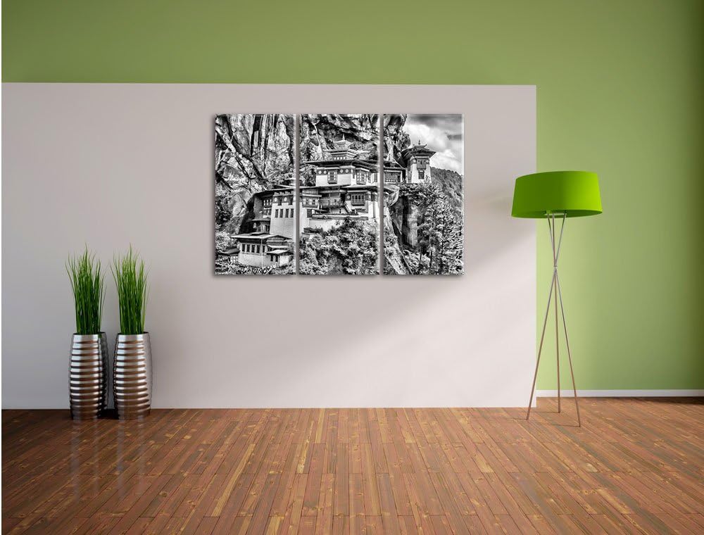 Pixxprint Monocrome, Chinesische Festung im Berg 3-Teiler Leinwandbild 120x80 Bild auf Leinwand