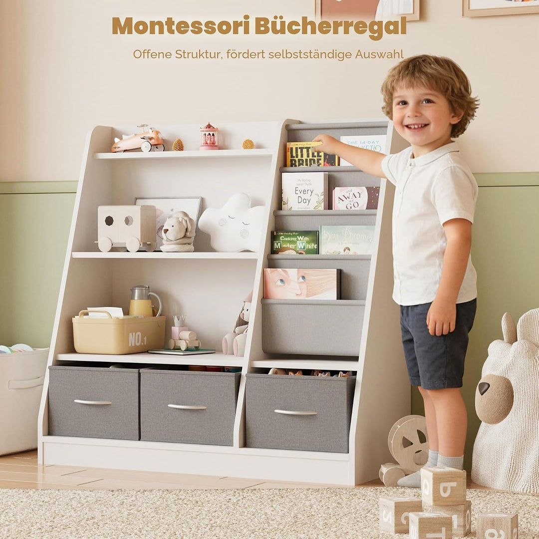 NACHES Kinderregal mit 3 Aufbewahrungsboxen aus Vliesstoff, Bücherregal Kinder Montessori mit 4 Abla