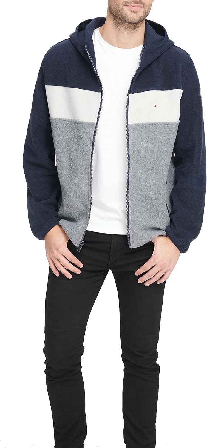 Tommy Hilfiger Herren Performance Fleecejacke mit Kapuze Fleecejacke 3XL Marineblau/Weiss/Hellgrau,