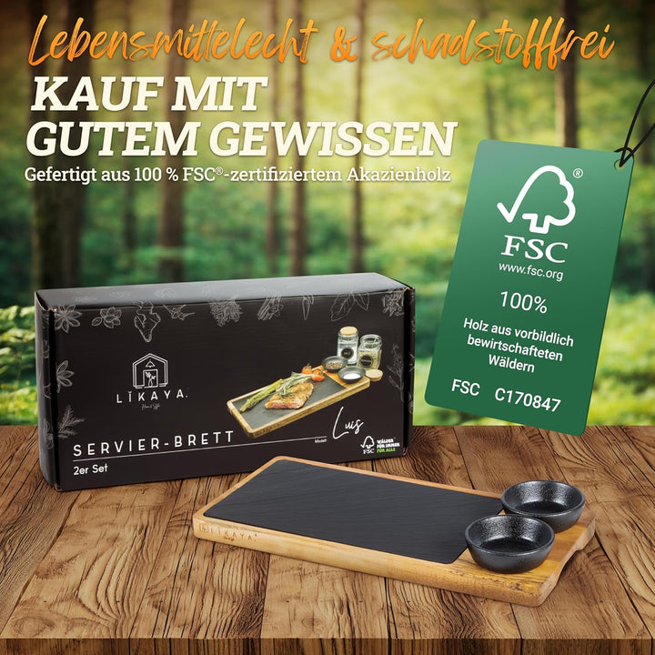 LIKAYA Steak- & Servierbrett 2er-Set aus FSC Akazienholz mit Schieferplatte & Dipschalen – Grillbret