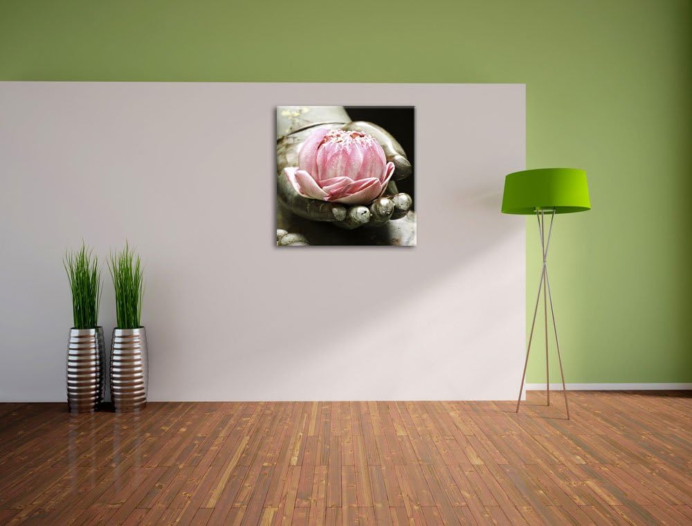 Pixxprint Lotus auf der Hand eines Buddhas, Format: 70x70 auf Leinwand, 70x70