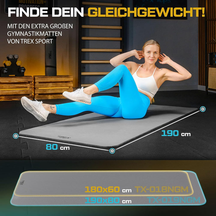 TREX SPORT Gymnastikmatte extra dick und weich | Fitnessmatte 190x80x1cm mit Tragegurt | Yogamatte r