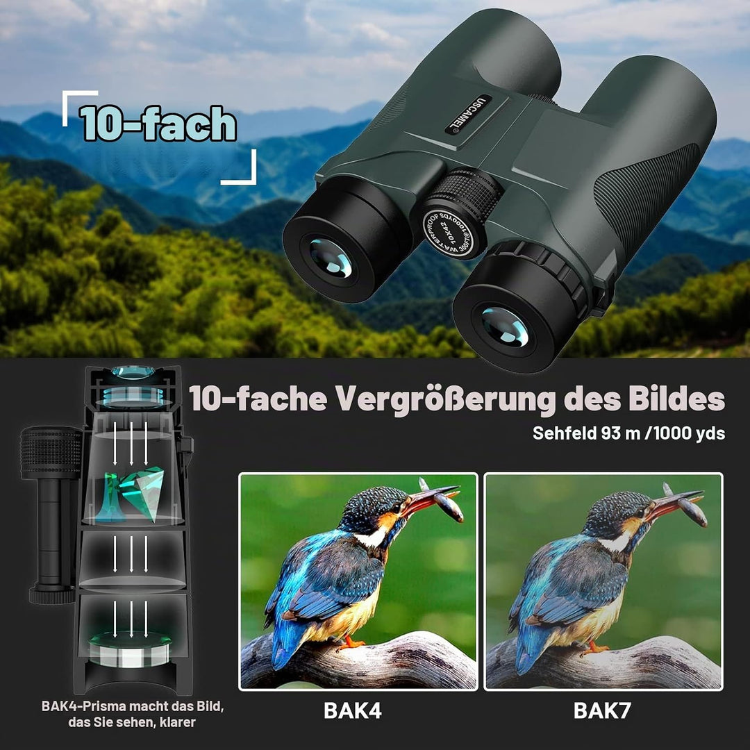 USCAMEL Fernglas Testsieger, 10x42 Wasserdicht Metallische Spiegelkörper Grüner Film Hohe Binoculars
