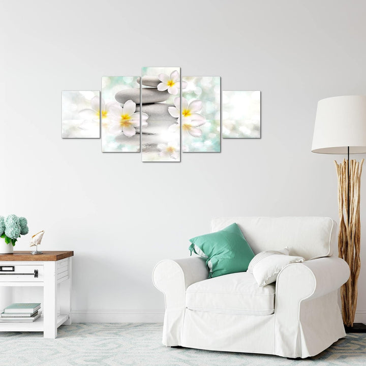 Runa Art Wandbilder Blumen Feng Shui 5 Teilig Bild auf Vlies Leinwand Deko Wohnzimmer Zen Weiss Blau