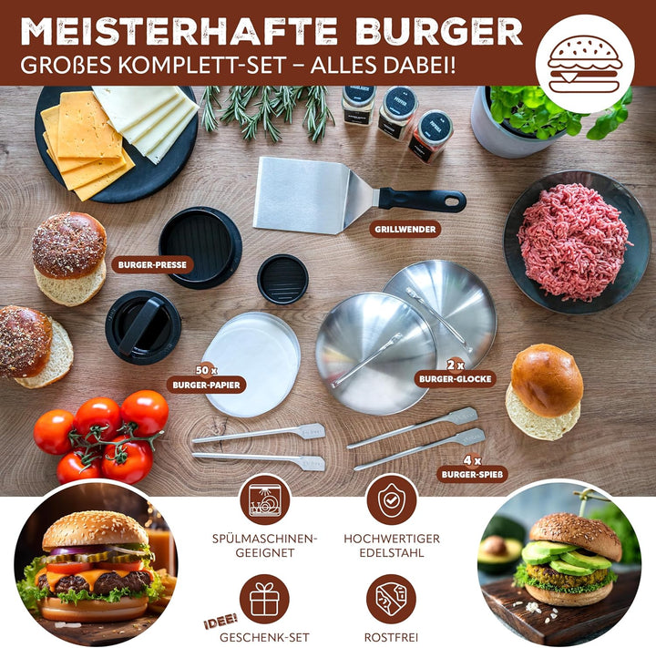 eluno Burger-Set 6tlg. inklusive Burgerpresse mit Burgerpapier, Grillwender, Zwei Burgerhauben und V