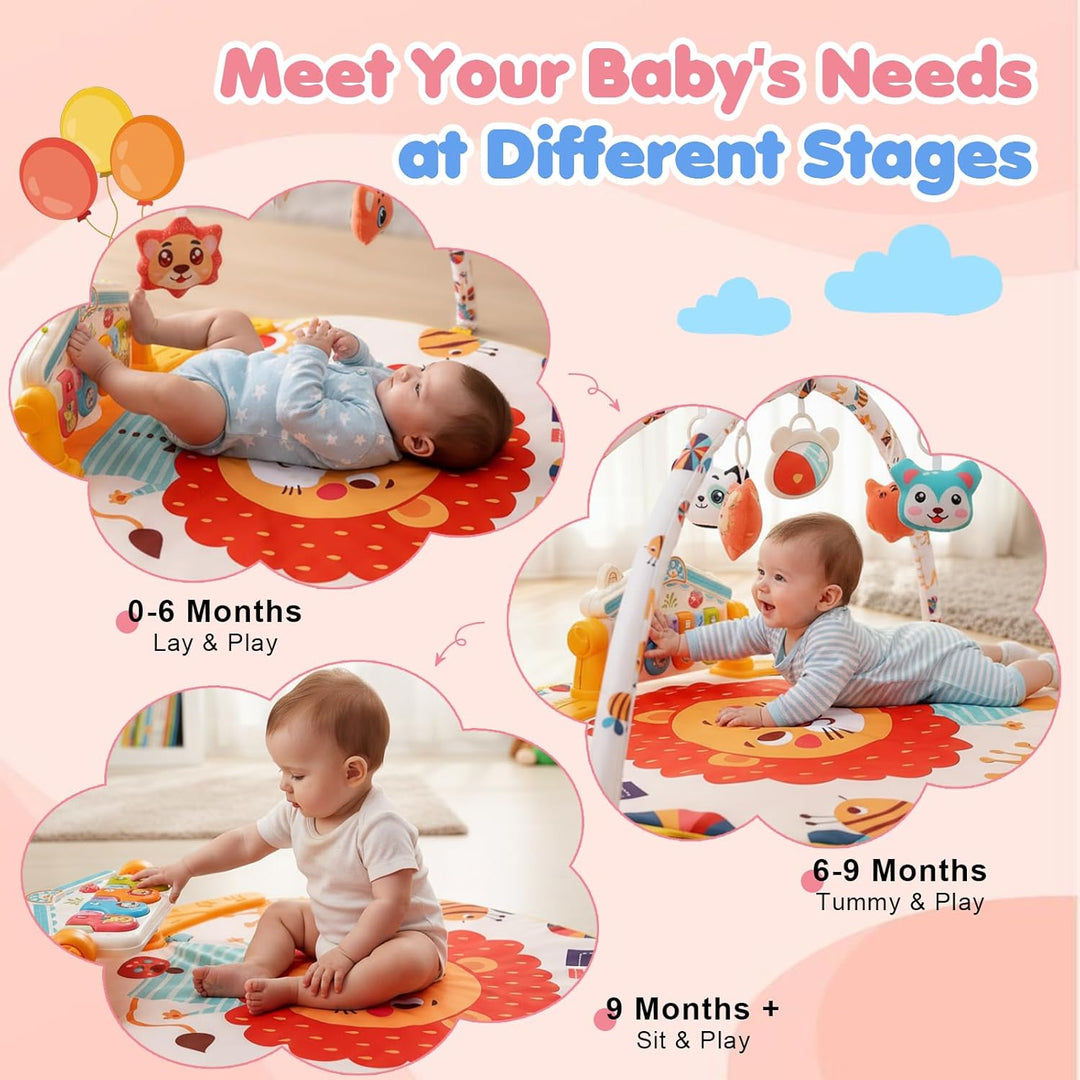 Spieldecke Baby Gym, 6 in 1 Spielbogen 0-12 Monate mit Musik Klaviermatte, 4 Hänge-Spielzeug, Licht