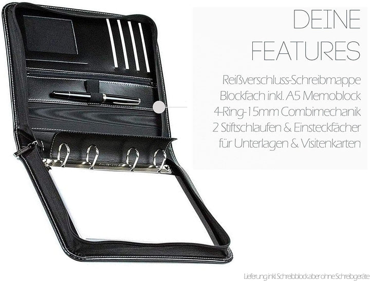 DELMON VARONE - Personalisierbare Ringbuch Schreibmappe DIN A5 aus Cambridge Top Grain Leder schwarz