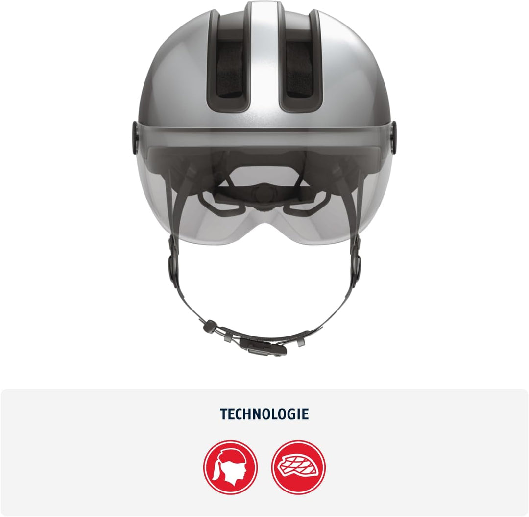 ABUS Stadthelm HUD-Y ACE - stylischer Fahrradhelm mit Visier und magnetischem, aufladbarem LED-Rückl
