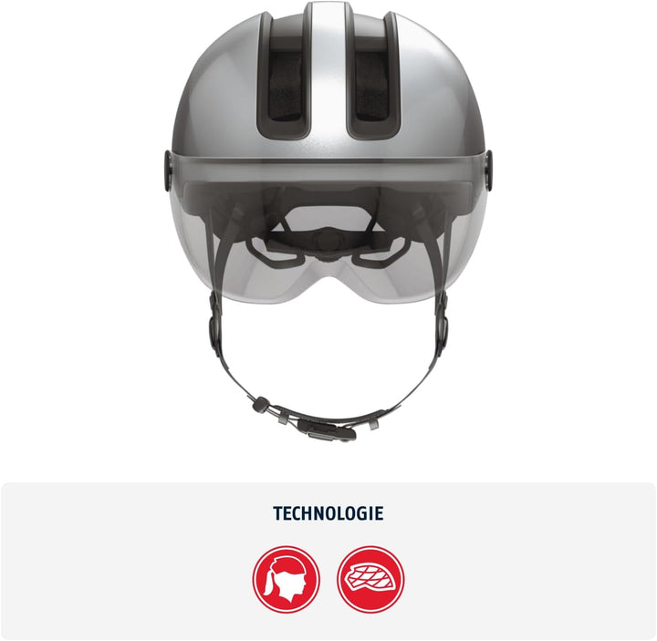 ABUS Stadthelm HUD-Y ACE - stylischer Fahrradhelm mit Visier und magnetischem, aufladbarem LED-Rückl