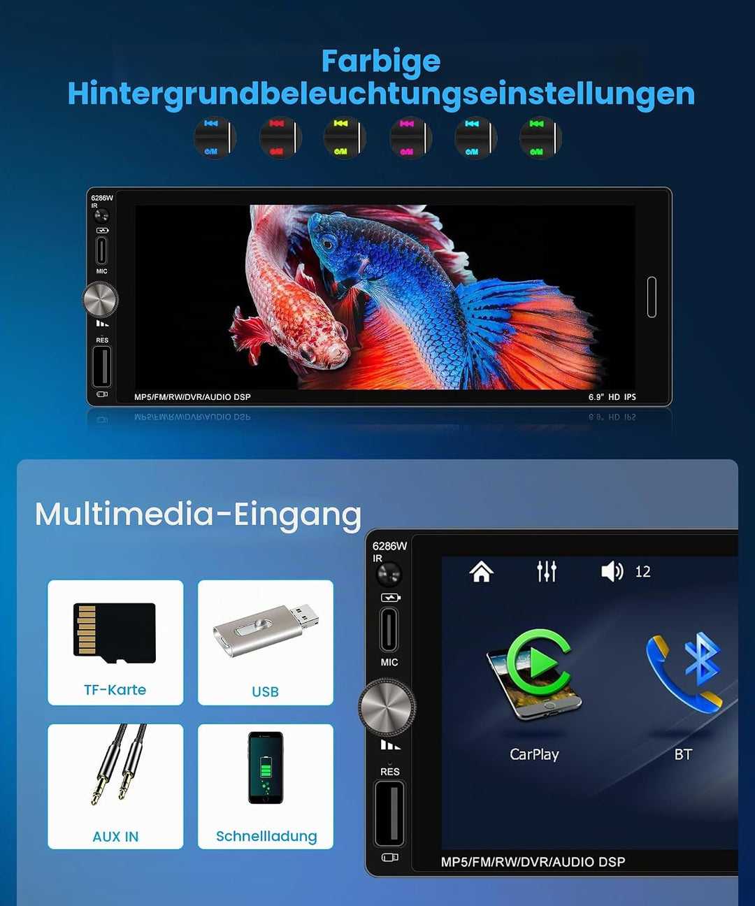 Rimoody Autoradio 1 Din mit Wireless Carplay Android Auto, 6.9 Zoll 1 Din Autoradio Bluetooth Kompat