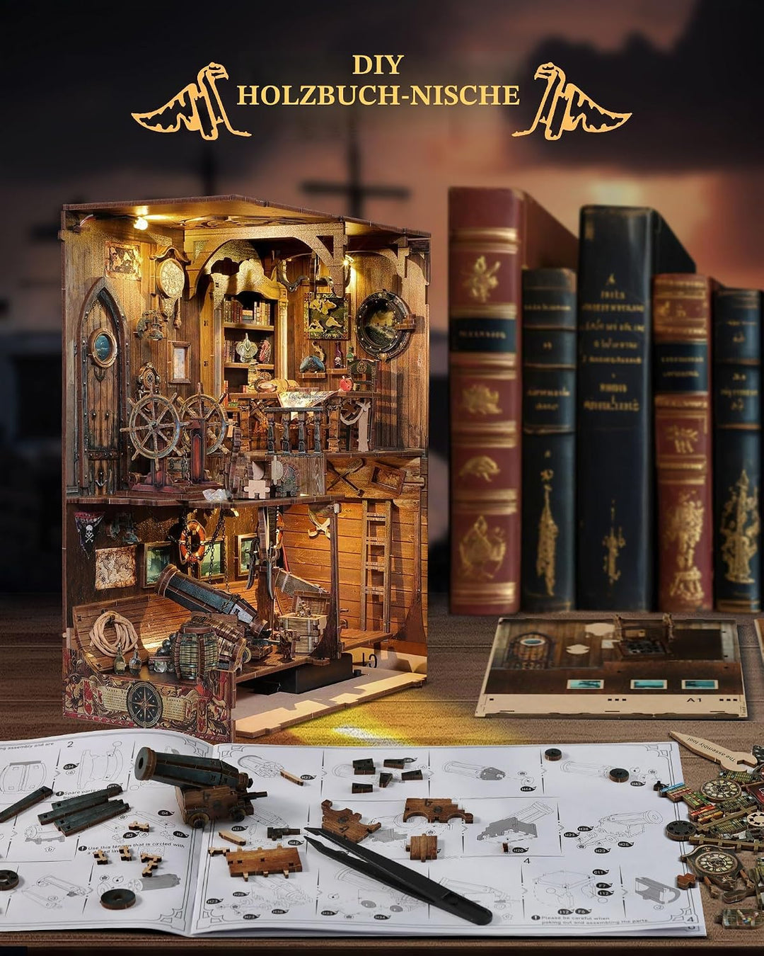 Quanquer DIY Book Nook Kit für Erwachsene_mit Staubschutz und LED-Licht 3D hölzerne Miniatur Puppenh