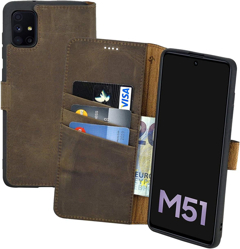 Suncase Book-Style Hülle kompatibel mit Samsung Galaxy M51 Leder Tasche (Slim-Fit) Lederhülle Handyt