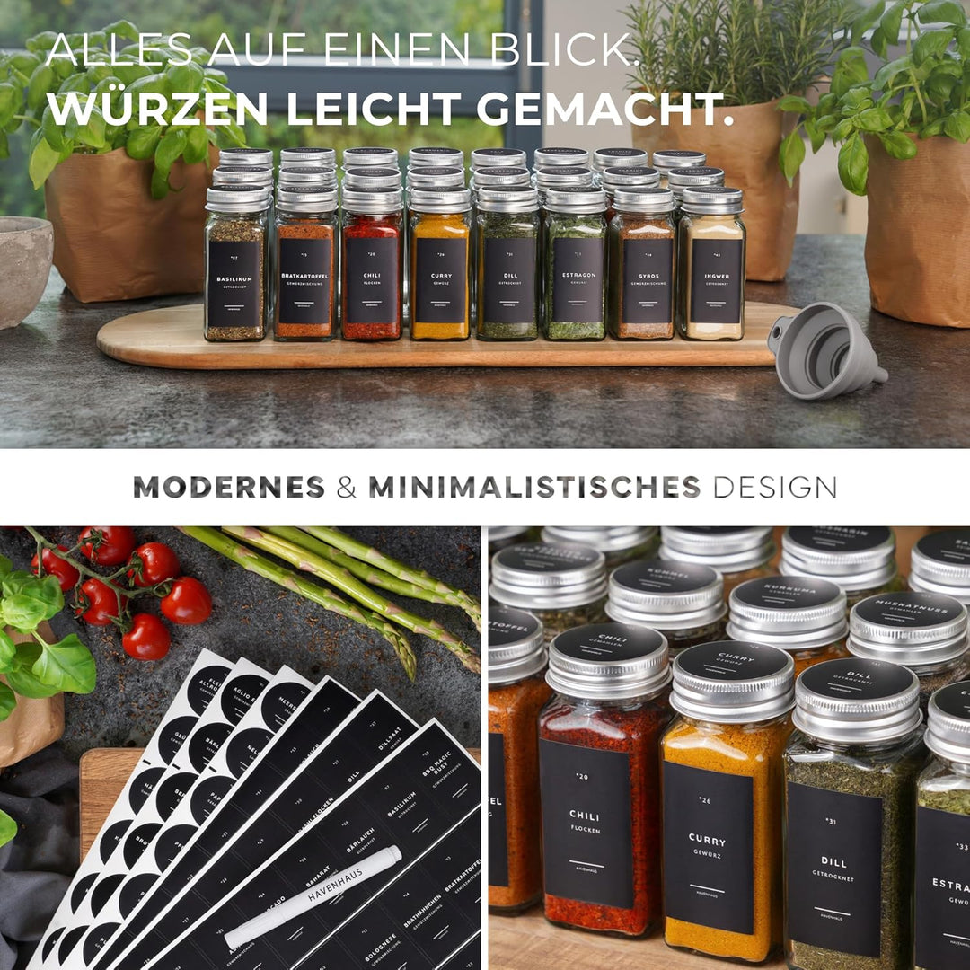 Havenhaus Premium Gewürzgläser Set Aluminium | 24 Gewürz Organizer inkl. 336 deutschen Gewürzetikett
