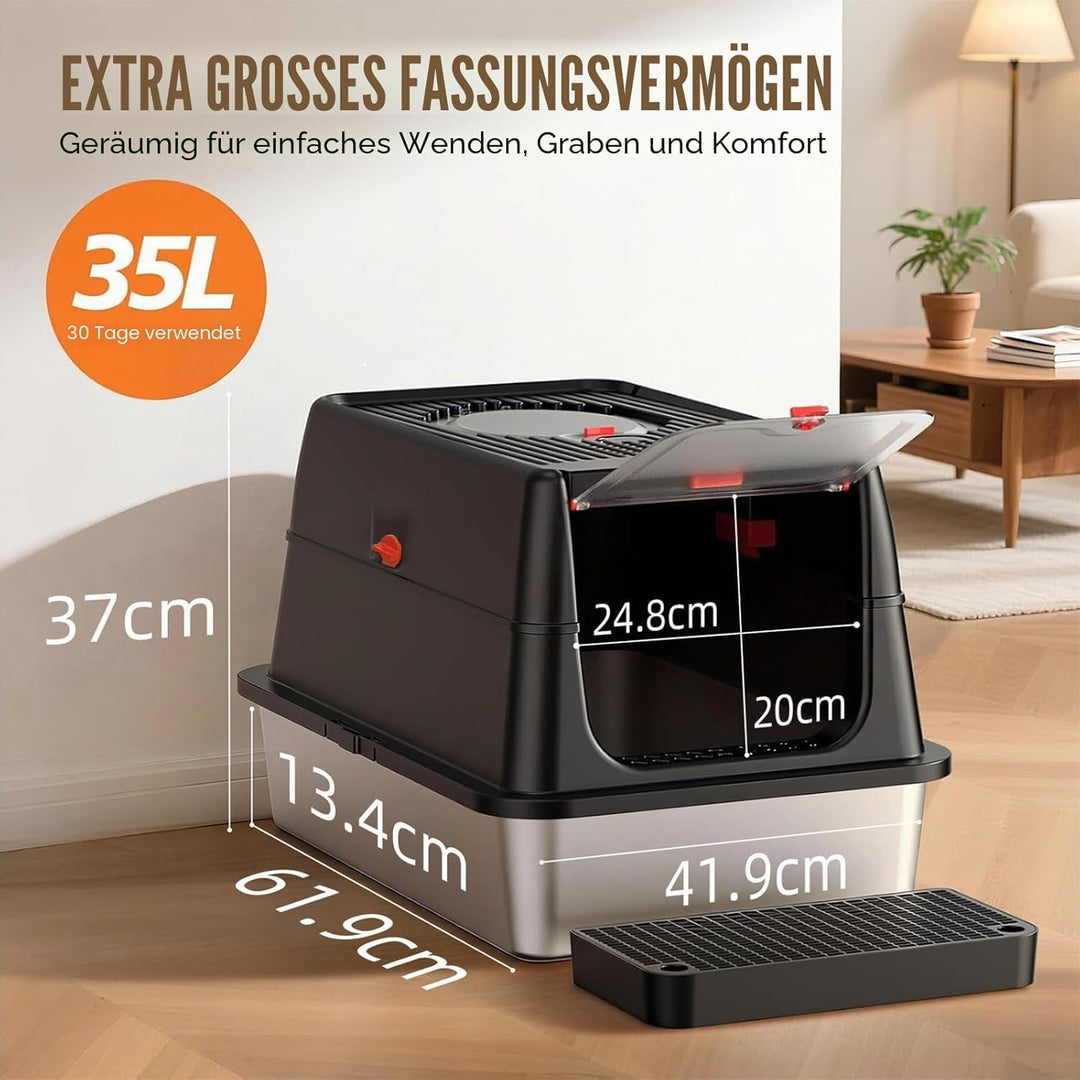 Edelstahl Katzenklo XXL aus V2A – 62 cm Geschlossene Katzentoilette mit 160° Klappdeckel, 3-in-1 Des