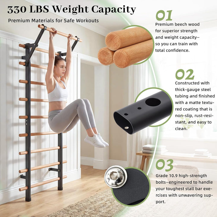 DHT Schwedenleiter Wandstangen Stall Bar Suspension Trainer mit 9 strategischen Stangen für Fitness