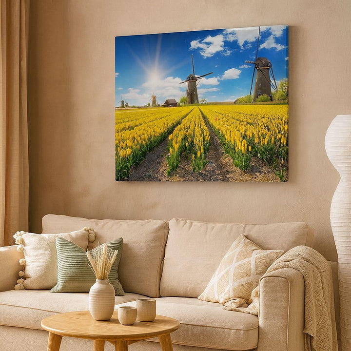 Bilder auf Leinwand Tulpen Windmühle Wiese Landschaft Leinwandbild 70x50cm Wandbilder Dekoration Woh