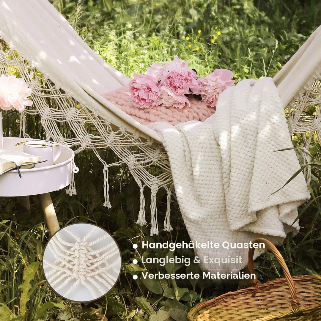 Hängematte Outdoor Boho-Stil für Garten, Balkon, Terrasse, Indoor, mit gebogener Holzstange, Befesti
