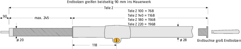 ABUS Teleskopstange Tele-Z 140 für Laibung, 1010-1400 mm, Chrom, 233319 1.010-1.400 mm, Verschiedens