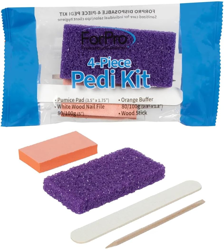 ForPro Pediküre-Set, 4-teilig, 100 Stück, einzeln verpackt, lila Bimsstein, weisse Holznagelfeile Kö