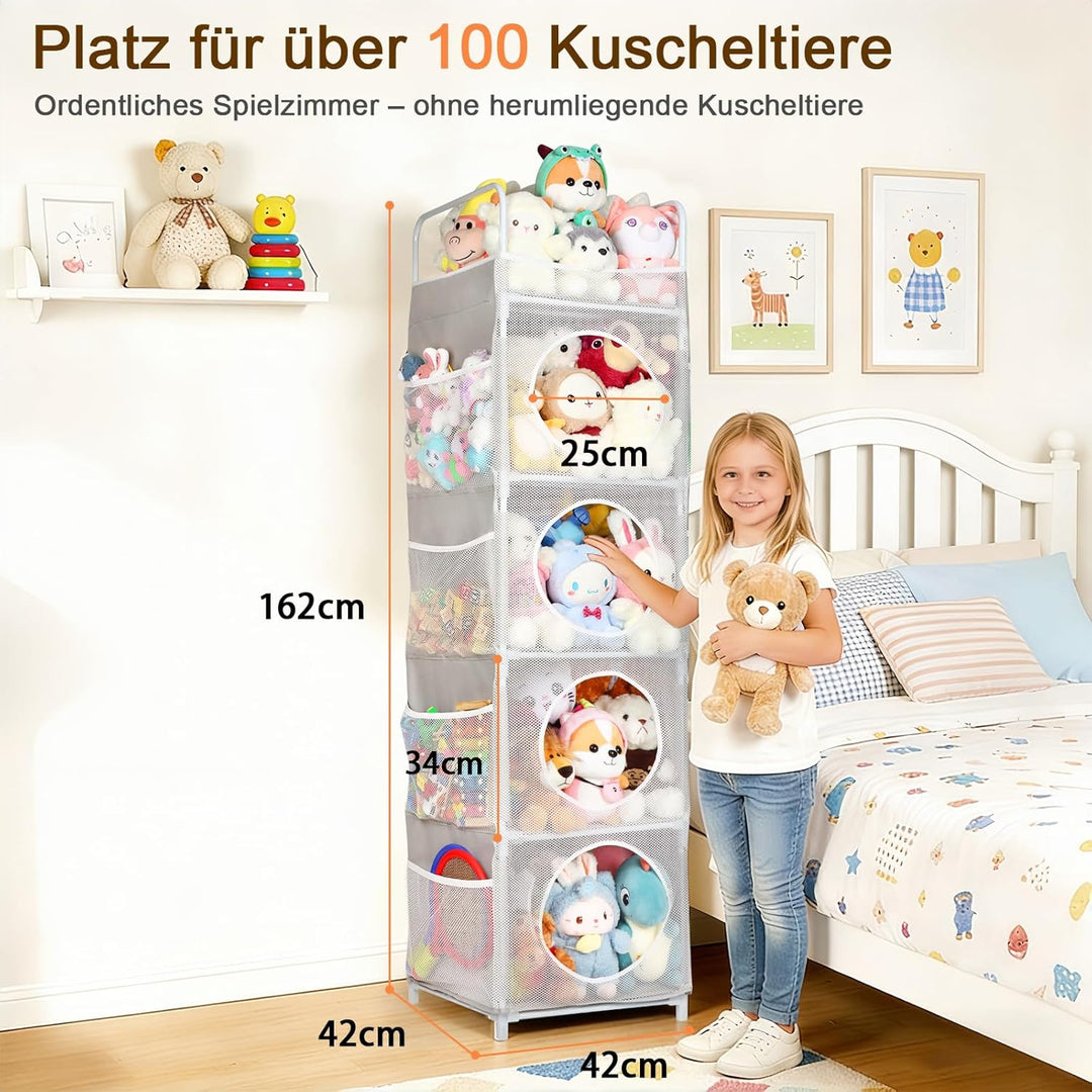 Aufbewahrung Kuscheltiere, 42x42x162cm Stofftier Aufbewahrung, 5 Etagen &amp; 8 Netztaschen Spielzeug Au