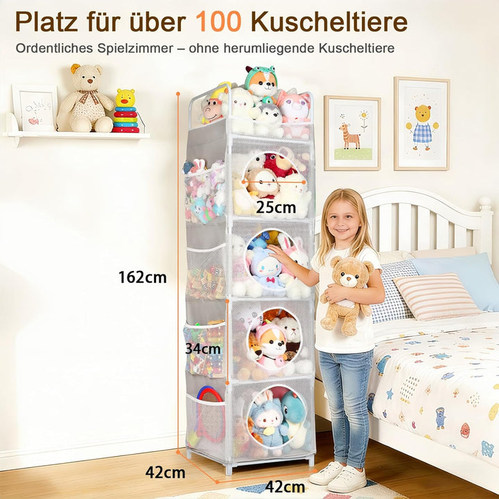 Aufbewahrung Kuscheltiere, 42x42x162cm Stofftier Aufbewahrung, 5 Etagen &amp; 8 Netztaschen Spielzeug Au