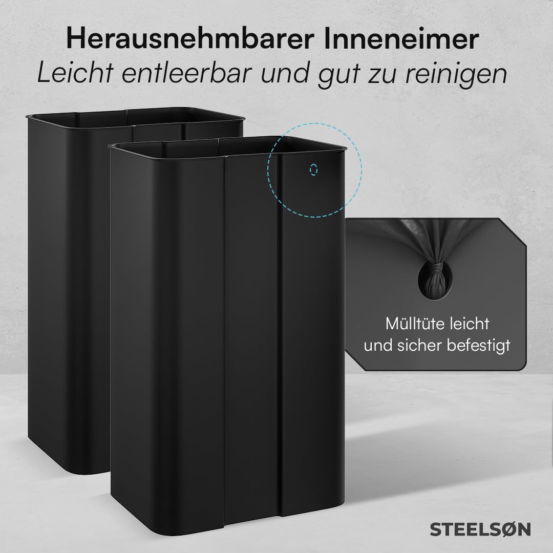 STEELSØN Elyron Mülleimer 2 Fächer – Mülltrennsystem Küche 2x30L aus Edelstahl Schwarz – Tretmülleim