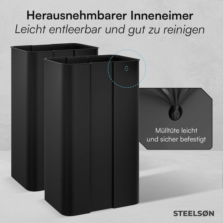 STEELSØN Elyron Mülleimer 2 Fächer – Mülltrennsystem Küche 2x30L aus Edelstahl Schwarz – Tretmülleim