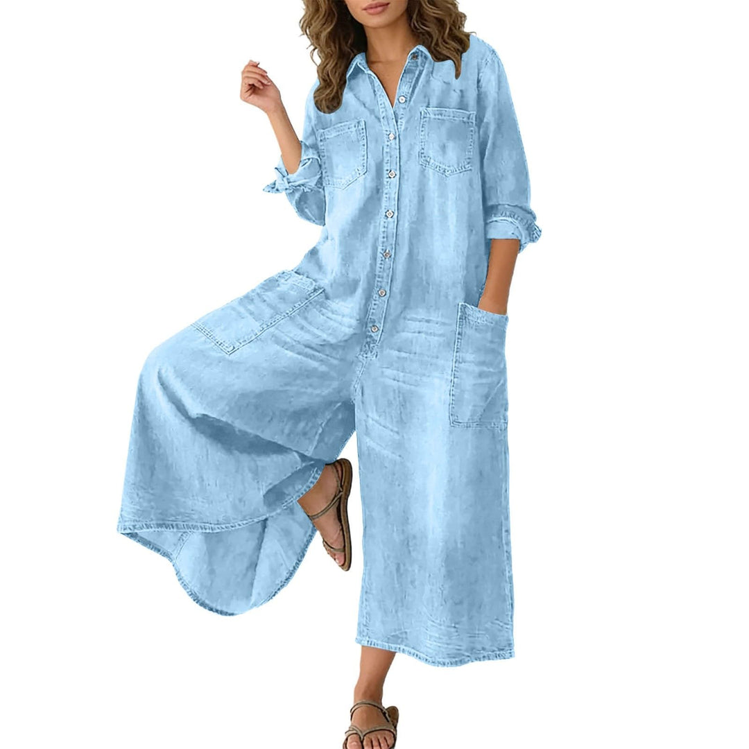 Jumpsuit Damen Elegant Einteiler Sommer Overall Einfarbig Revers Langarm Latzhose Mit Taschen Weites