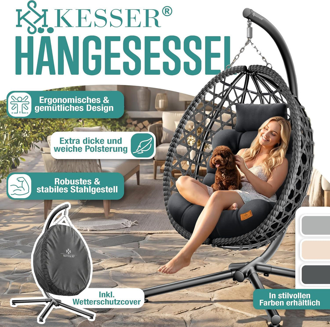 KESSER® Hängesessel mit Gestell Outdoor Indoor Schaukelstuhl Polyrattan 360° 150kg Tragkraft inkl. P