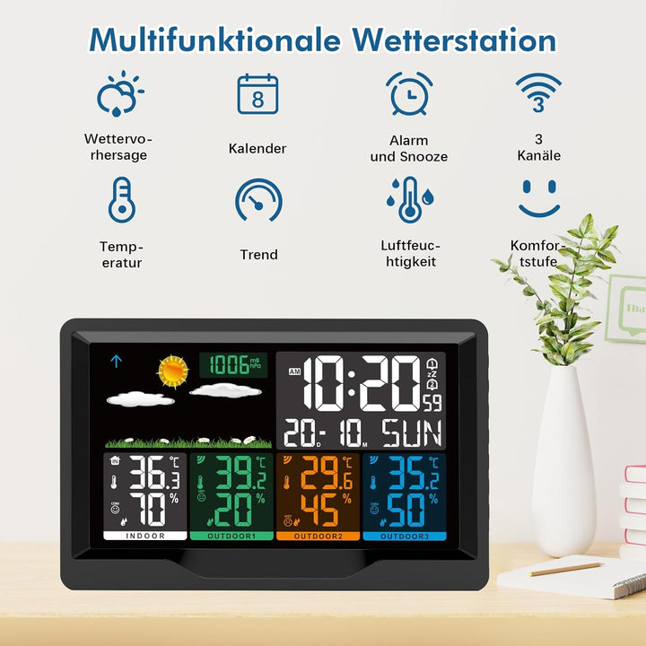 Wetterstation Funk mit Aussensensor, Wetterstation Funk mit 3 Aussensensor, 7,5" VA-Farbdisplay Funk
