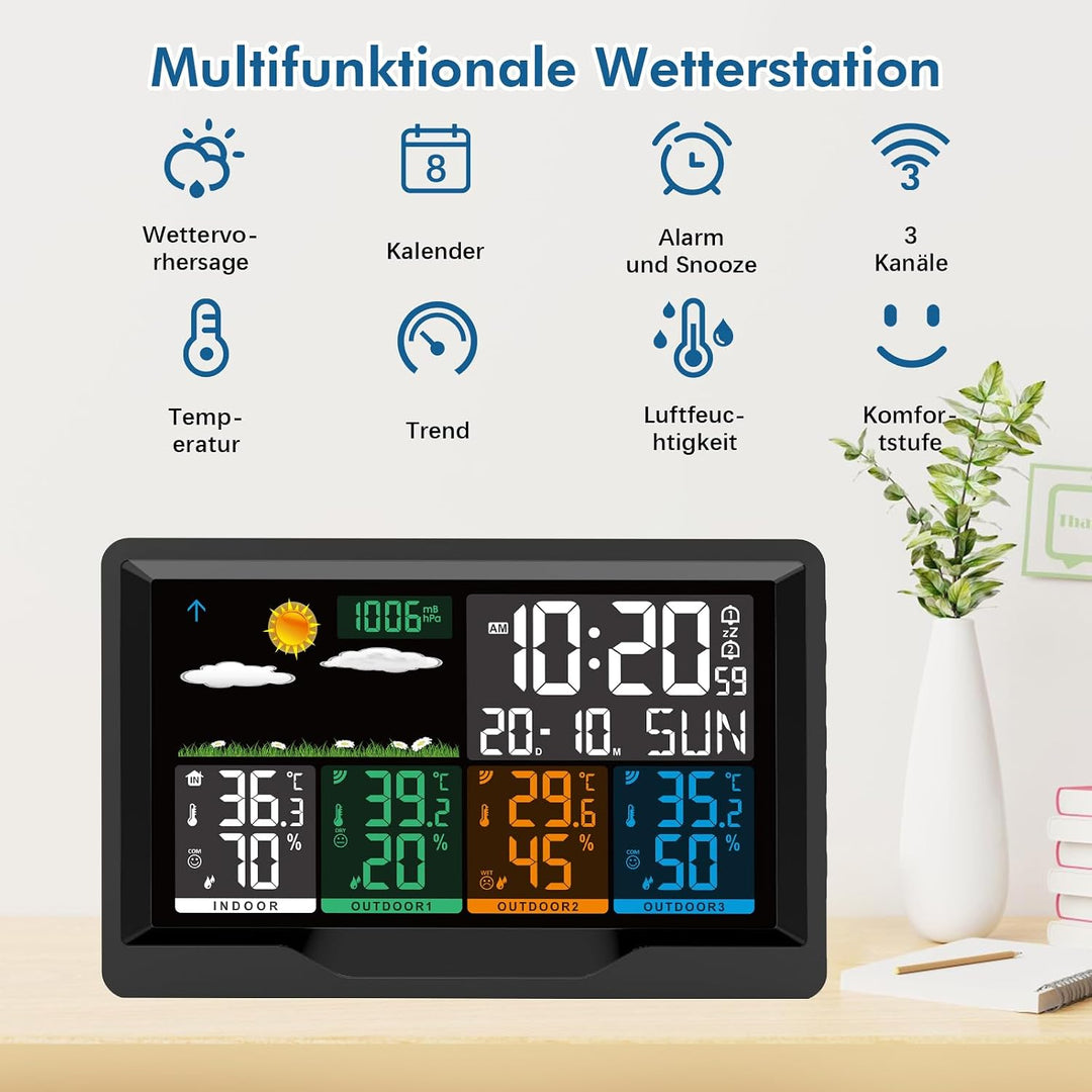 Wetterstation Funk mit Aussensensor, Wetterstation Funk mit 3 Aussensensor, 7,5" VA-Farbdisplay Funk