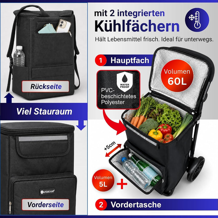 Klappbarer Einkaufstrolley TRAGINO 3-in1 Einkaufswagen, Schwarz Schwarz 65 Liter, Schwarz 65 Liter