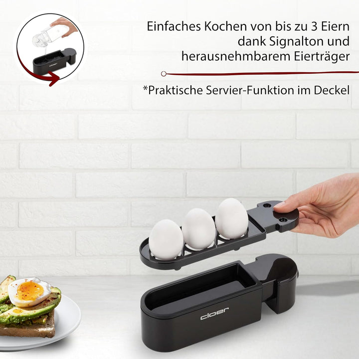 Cloer 6020 Eierkocher, bis zu 3 Eier, herausnehmbarer Eierträger, Servierfunktion, 300 Watt, Kunstst