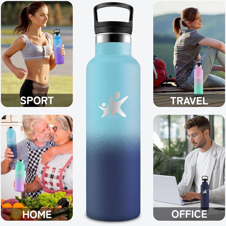 Trinkflasche Edelstahl, Sport Trinkflasche 1 liter, Thermosflasche Mit 2 Deckeln, Doppelwandige Vaku