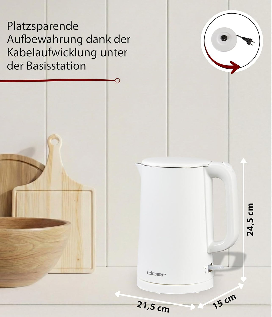 Cloer 4321 Wasserkocher 1,5l mit Kontrolllampe, Sicherheitsdeckel und automatischer Abschaltung, Was