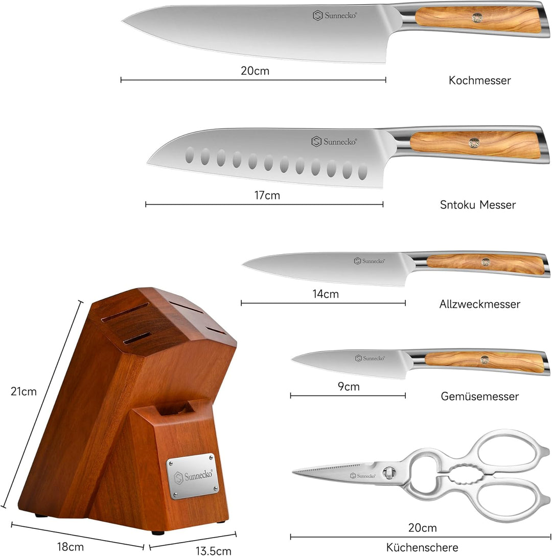 Sunnecko 6-tlg Messerset mit Messerblock –Kochmesser Set für Küche, Küchenmesser Set mit ergonomisch