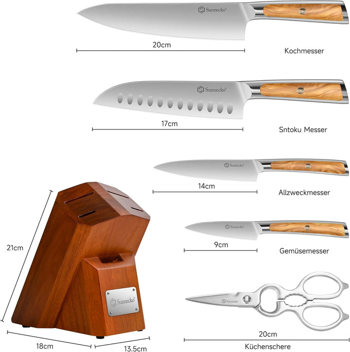 Sunnecko 6-tlg Messerset mit Messerblock –Kochmesser Set für Küche, Küchenmesser Set mit ergonomisch