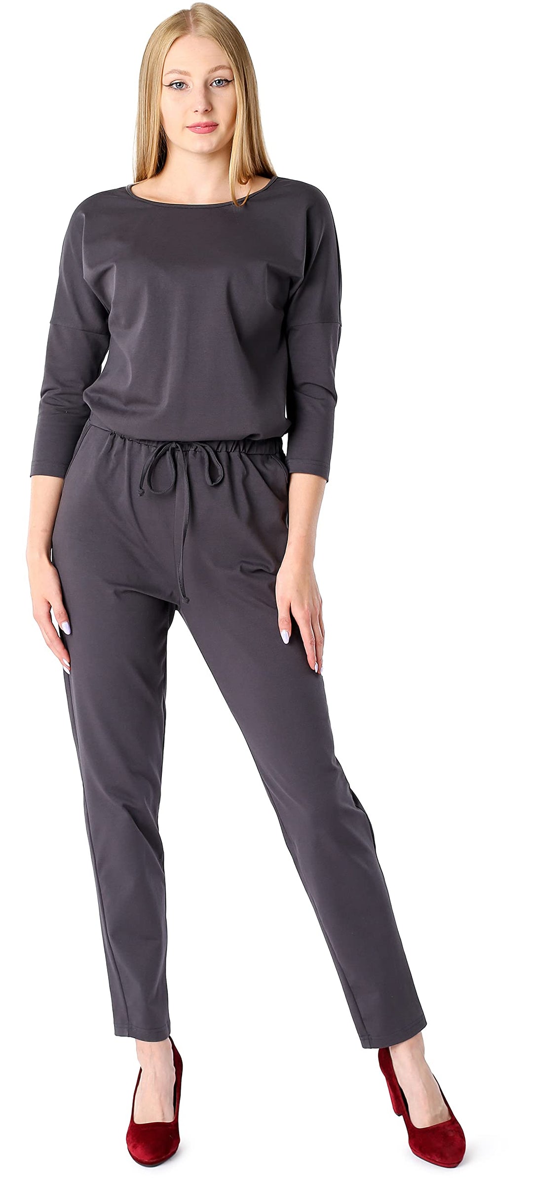 Bellivalini Damen Hosenanzug Einteiler Jumpsuit mit Bindegürtel Freizeitanzug BLV50-212 S Graphite,