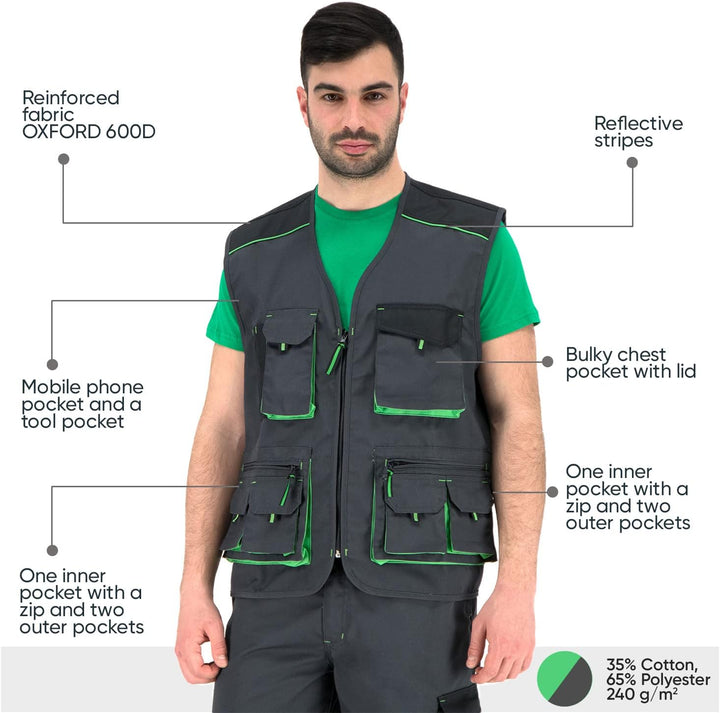 BWOLF Brave Multifunktionale Arbeitsweste Herren Arbeitsweste Multitaschen mit Reissverschluss + ver