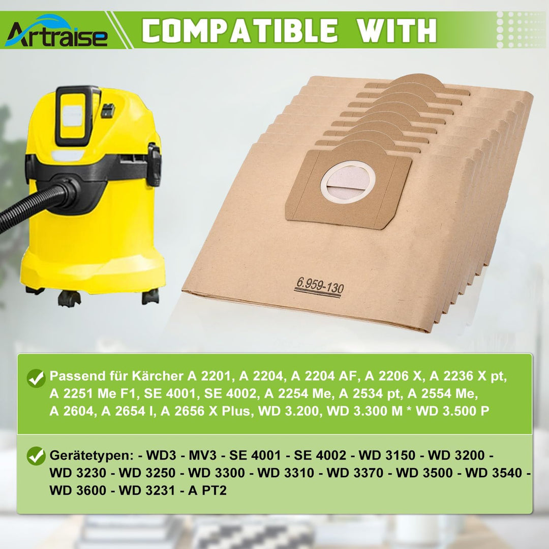 Artraise Wd3 Beutel für Kärcher Staubsauger 6.959-130.0, 8 Stück Premium Staubsaugerbeutel Papierfil