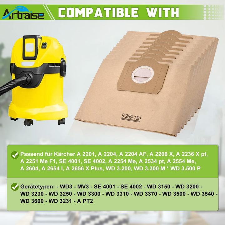 Artraise Wd3 Beutel für Kärcher Staubsauger 6.959-130.0, 8 Stück Premium Staubsaugerbeutel Papierfil
